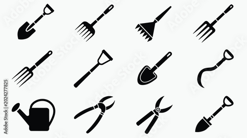 Collection of assorted gardening tools presented as professional black vector icons on white background