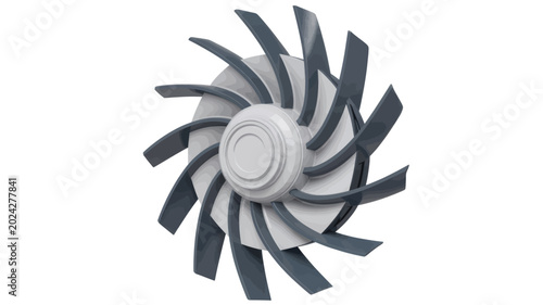 Industrial cooling fan with dark blades and light circular housing presented as vector on white background