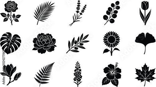 Black silhouettes of various flowers and leaves on white background