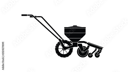 Manual hand pushed agricultural seed drill machine for sowing crops in a field on white background