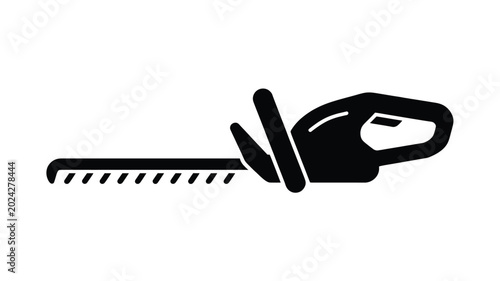 Black silhouette of a garden hedge trimmer tool used for landscaping work on white background