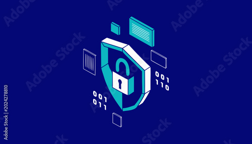 isometric 3D cybersecurity concept, large geometric shield with padlock icon