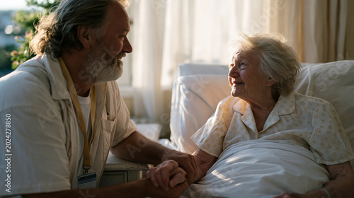 Hospice companion volunteer, a soft-spoken man in his sixties, sits beside an elderly woman in a sunlit care facility room, holding her hand across a bedside table with afternoon light filtering thr
