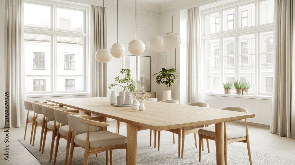 Fototapeta premium Modern Dining Room with Large Wooden Table and Chairs