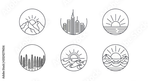 Billede på lærred Minimalist Line Art Icons: Nature, City, Ocean, Mountains, Forest, Sunrise