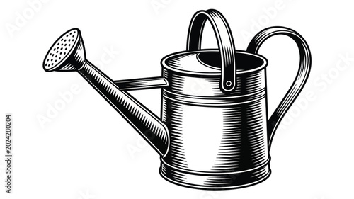 Detailed black and white engraving style illustration of a vintage garden watering can on white background