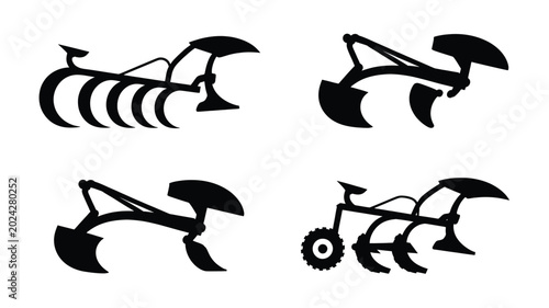 Set of black agricultural plow silhouettes for farming machinery equipment displayed on white background
