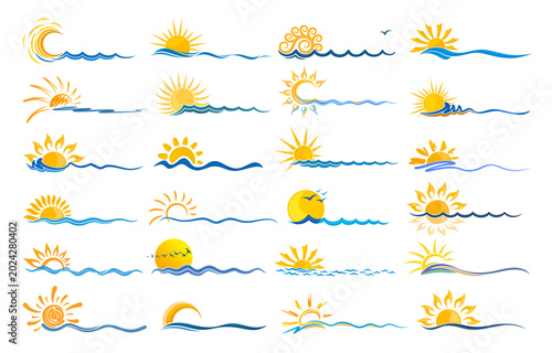 Big set of sun and sea logos.