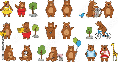 Photography Cute Brown Bear Cartoon Character Vector Set with Adorable Bears Riding Bicycle,