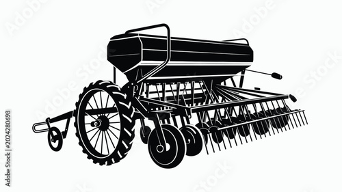 Detailed black silhouette of a heavy agricultural grain seeder machine displayed on white background