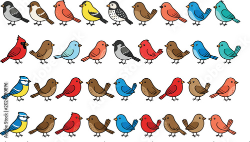 Schilderij op canvas Cute colorful birds collection with cartoon songbirds and woodland species, play