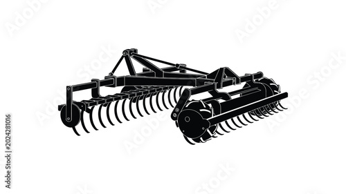 Black silhouette of a heavy agricultural farm disk harrow equipment shown on white background