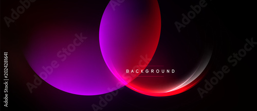 Abstract design features overlapping circles, vibrant gradients. Dark background emphasizes glowing magenta, red hues. Modern, dynamic composition.