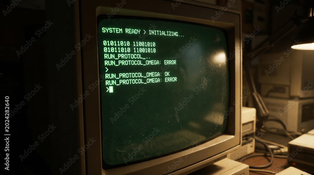 Fototapeta premium Closeup of vintage computer monitor displaying green text and binary code in a retro office setting