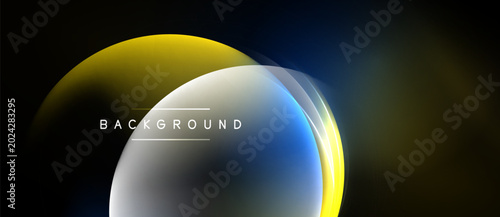Abstract design features overlapping colorful circles. Gradient hues blend, creating dynamic visual effect. Minimalist style, dark background enhances contrast.