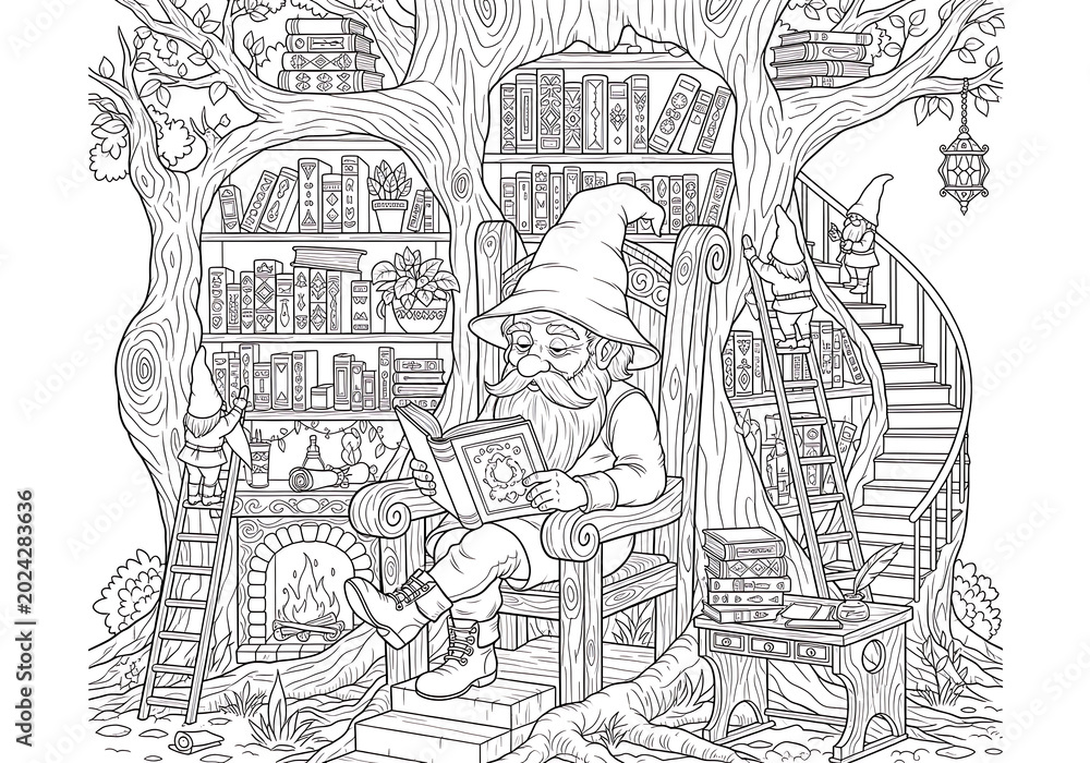 Obraz premium Gnome reading a book in a tree library coloring page