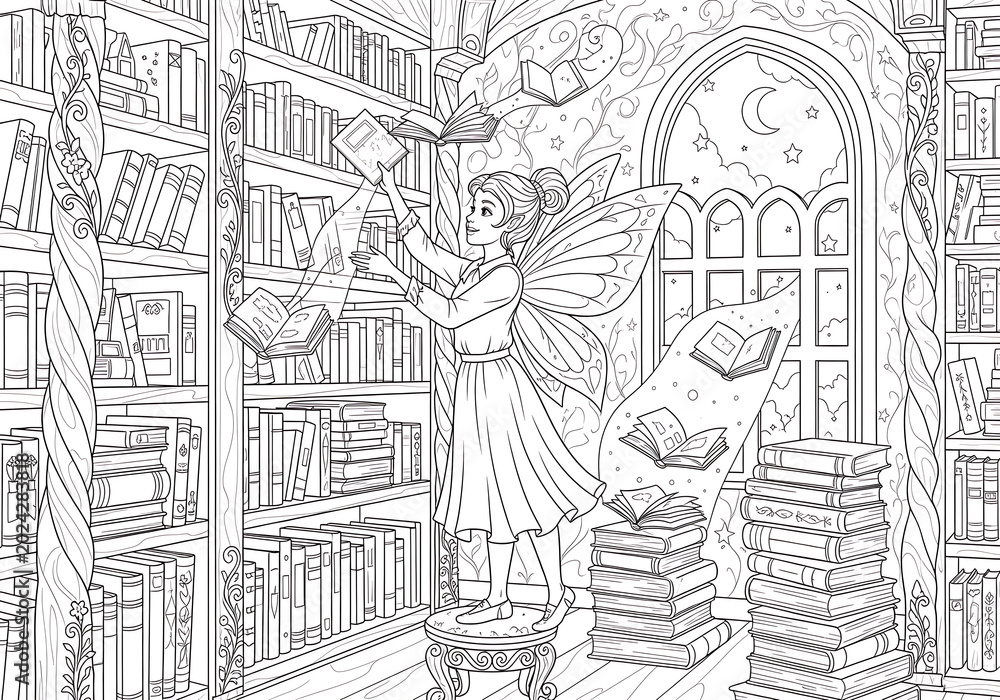 Fototapeta premium Fairy in a magical library coloring page