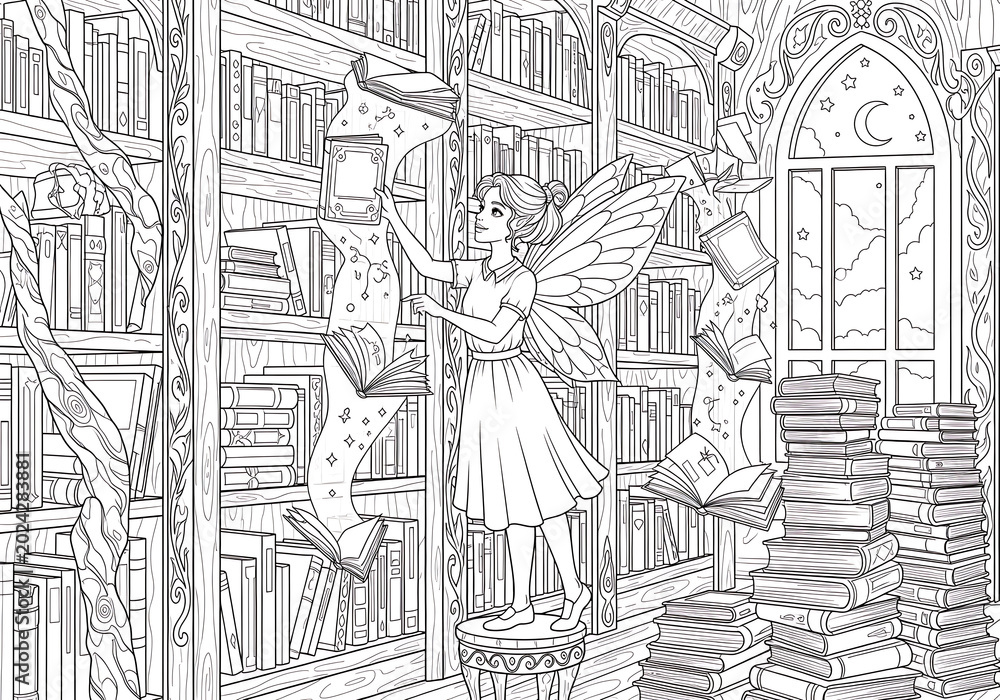 Fototapeta premium Fairy in a magical library coloring page