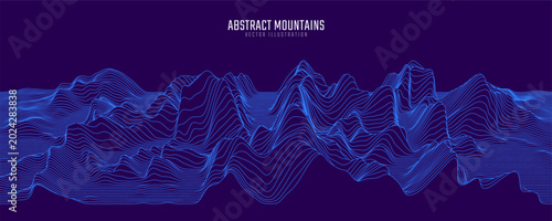 Contour mountain landscape. Waved line art. Abstract minimal topographic map. Contour lines with elevations and terrain depth. Vector illustration.
