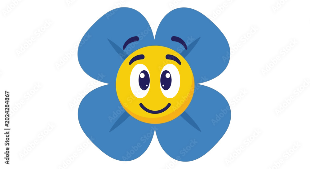 Naklejka premium Smiling flower emoji, happy face icon, blue petals, vector emoticon, cute expression, cartoon style