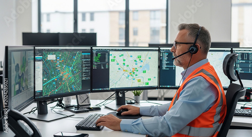 Control Center Operator at Work: A focused middle-aged man wearing an orange safety vest and headset monitors multiple computer screens displaying complex data and maps in a modern control room.