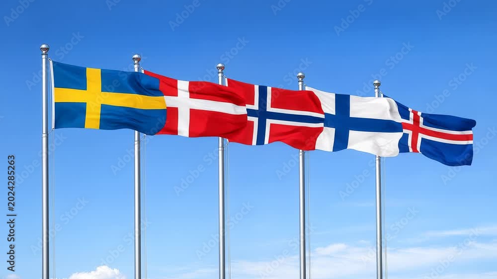 Scandi Flags Five Scandinavian flags are waving in the blue sky. The Swedish flag ...