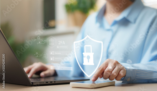 Cuadro en lienzo Businesswoman using secure login authentication with password protection, encryption, privacy, and firewall cybersecurity concept