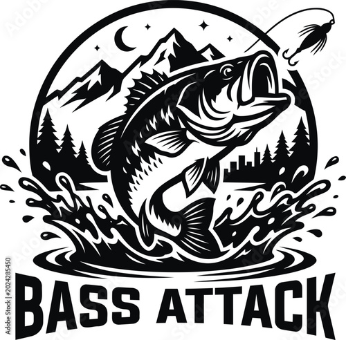 Bass fish attack vintage style angling graphic for fishing enthusiasts