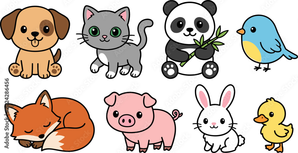 Obraz premium Cute Kawaii Cartoon Animal Vector Sticker Set Featuring Adorable Puppy Dog, Kitten Cat, Panda Bear, Fox, Pig, Bunny Rabbit, and Baby Birds