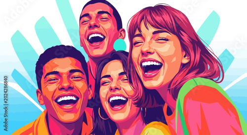 Vibrant, laughing, happy, young adults, smiling faces, colorful illustration, vector graphics, joyful people, group portrait