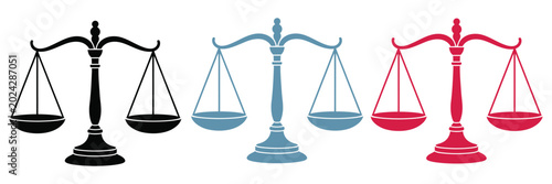 Photos Scales Of Justice Icon Set With Three Variations, Colorful Legal Balance Symbols Representing Law, Fairness And Equality In Clean Vector Design For Courtroom And Legal Services