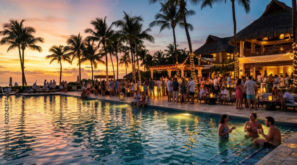 Obraz premium Elegant tropical hotel pool during sunset hour