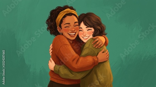 Cute Women Hugging Friendship Illustration