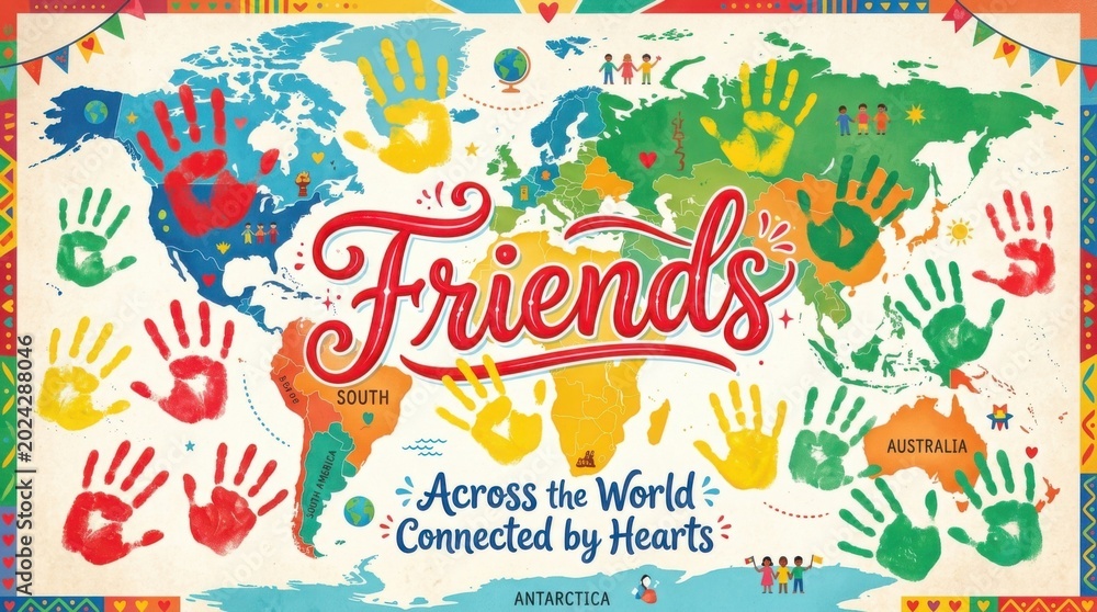 Fototapeta premium Friends around the world colorful handprint illustration