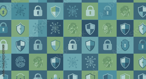 Seamless pattern of shield and lock icons symbolizing security and protection.