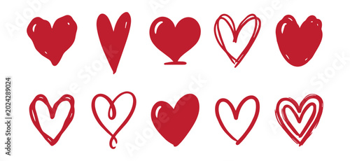 Foto Hand drawn red heart vector doodle unique shapes set, isolated on a white background