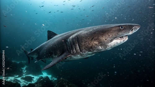 Pacific sleeper shark swimming in the dark deep sea ocean habitat