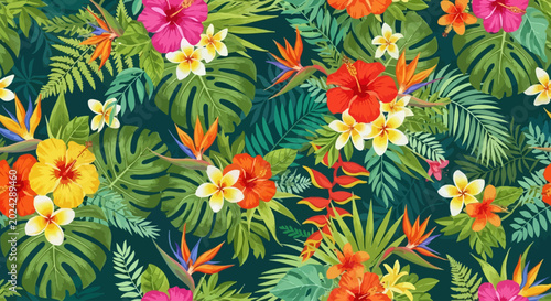 Colorful tropical floral pattern with lush green leaves and vibrant flowers.