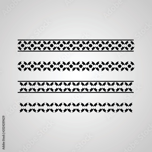 Set of four black decorative borders and dividers with geometric patterns, web design