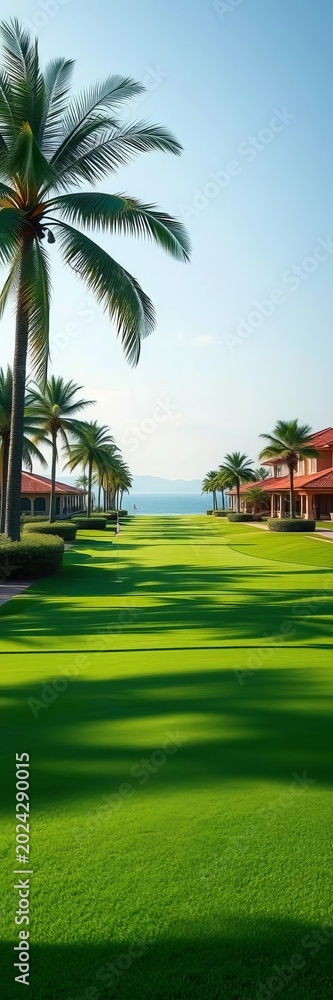 Fototapeta premium Lush green fairway stretches towards horizon, surrounded by luxury villas, real estate, urban retreat