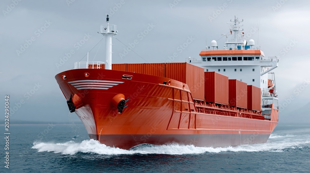 Fototapeta premium Red cargo ship sails through choppy waters. Cloudy sky looms above the ocean. White superstructure contrasts with bold hull color. Ship moves forward, leaving a wake behind