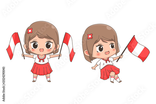 Cute chibi little girl holding peruvian flag
