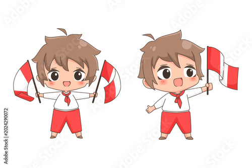 Kawai peruvian boy illustration with peruvians flag