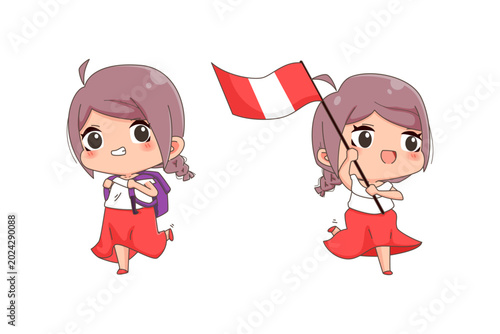 Little girl celebrate Peruvian independence day, girl holding national flag