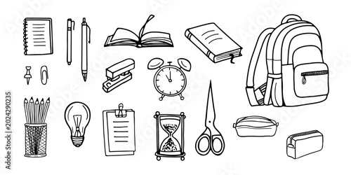 A set of stationery items in a simple hand-drawn doodle line art style illustration, for educational or organizational topics