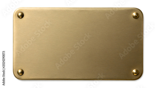 Blank Brass Plate: A simple, rectangular brass plate with rounded corners, secured by four rivets, offering a clean slate for personalized engraving or labeling.