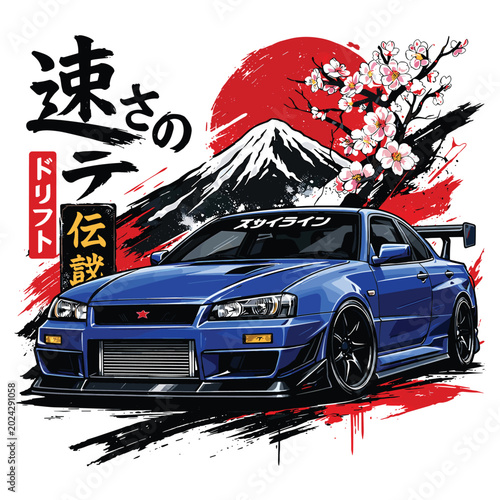 Japanese drift car, blue sports car, Mount Fuji, cherry blossom, vector illustration