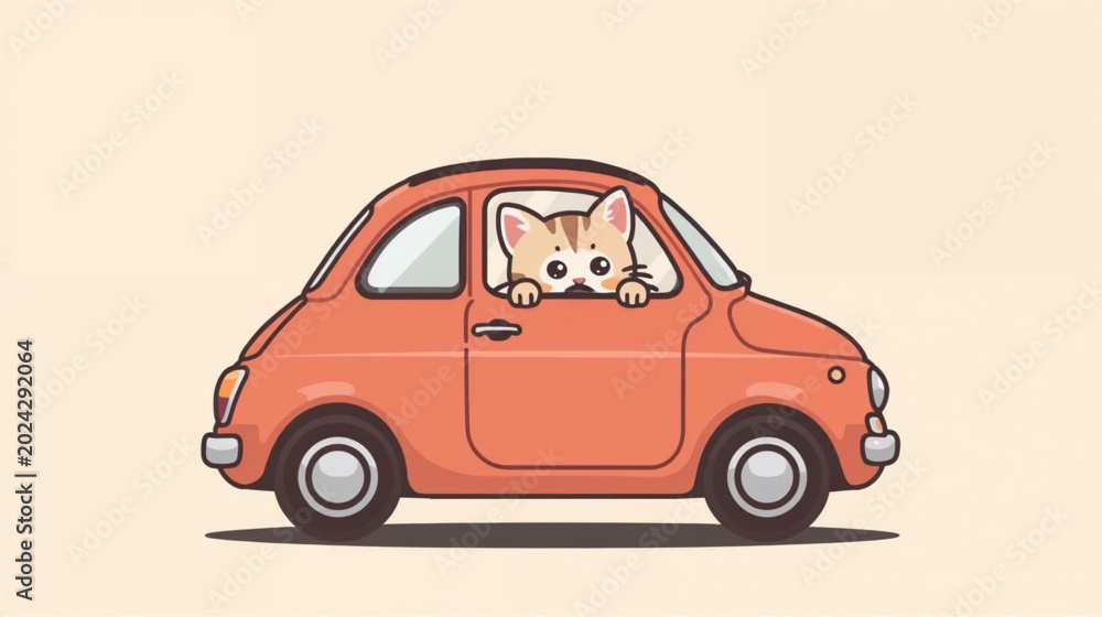Valokuva Cute cat inside car vector illustration