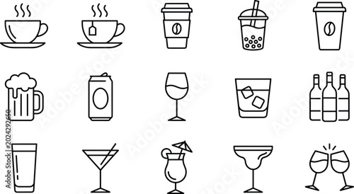 Drinks and beverages line icon set featuring coffee tea bubble tea cocktails beer wine and bar symbols