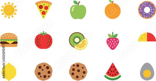 Flat food icon set featuring fresh fruits pizza hamburger cookies and colorful snacks for kids education designs